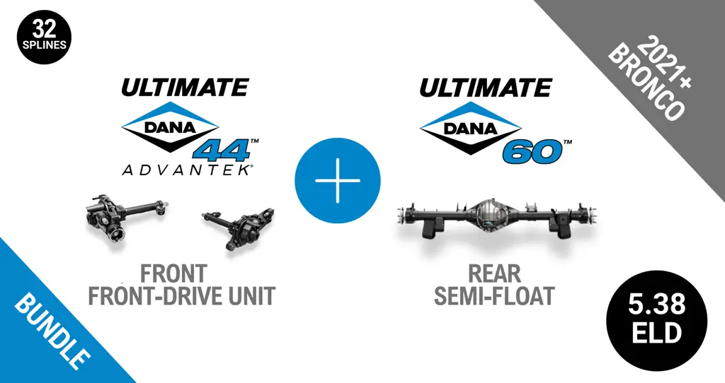 Bronco 5.38 Gear Ratio Bundle: Ultimate Dana 44™ AdvanTEK® Front Drive Unit EDL - 32 Spline (UD44FBRO538ELD32) + Semi-Float Ultimate Dana 60™ Rear EDL (SF-L60BR538E-69) - NON-RETURNABLE