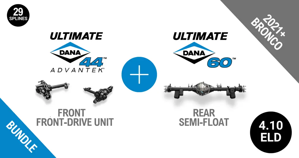 Bronco 4.10 Gear Ratio Bundle: Ultimate Dana 44™ AdvanTEK® Front Drive Unit ELD - 29 Spline (UD44FBRO410ELD29) + Semi-Float Ultimate Dana 60™ Rear ELD (SF-L60BR410E-69) - NON-RETURNABLE